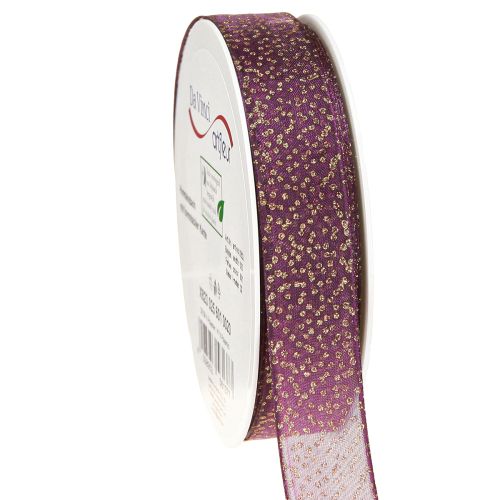 Article Ruban décoratif violet à pois dorés, dimensionnellement stable, 25 mm, 20 m