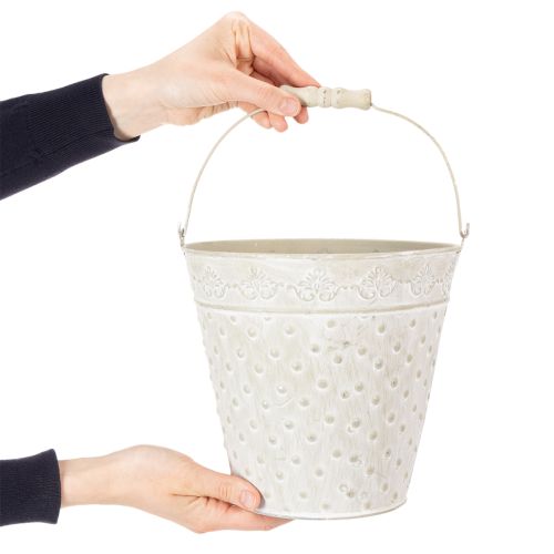 Seau décoratif blanchi à la chaux, avec anse, Ø 20,5 cm, pot de fleurs décoratif en métal | Floristik24.fr