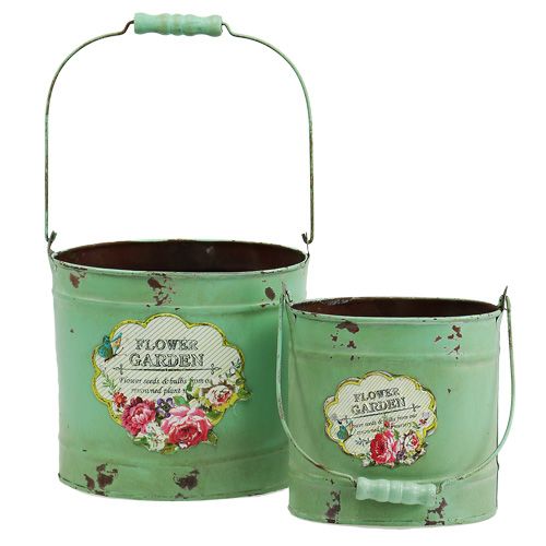 Floristik24 Seau décoratif ovale 2 pièces motif rose vert 13,5cm / 17cm