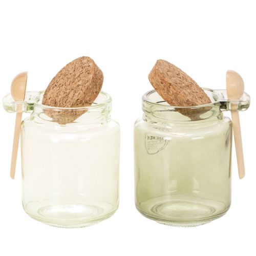 Verre décoratif avec couvercle en liège et cuillère, vert, Ø7cm, H10cm, 2 pièces | Floristik24.fr