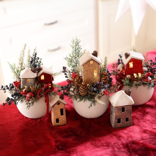 Article Maison décorative en céramique crème rouge gris 10/12/13,5 cm 3 pièces