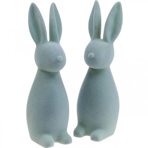 Floristik24 Déco Lapin Déco Lapin de Pâques Floqué Gris-Vert H29.5cm 2pcs