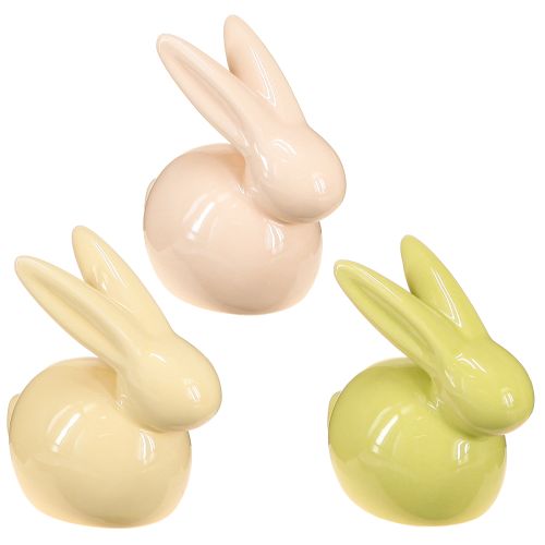 Lapin décoratif, jaune, vert, marron, figurine en céramique moderne pour Pâques, 8,5 x 4,5 cm, lot de 3
