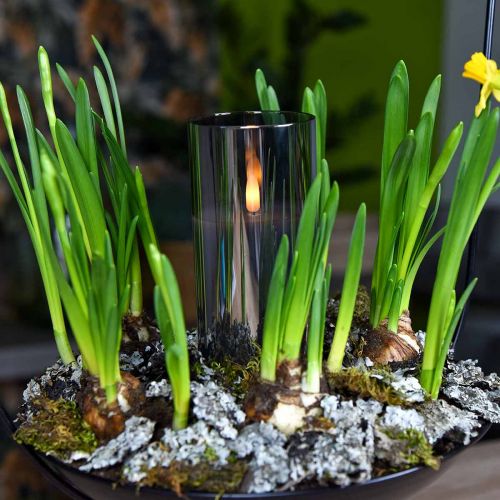 Bougie décorative dans un verre argenté, lumière LED blanc chaud, cire véritable, minuterie, à piles Ø7.3cm H17.7cm