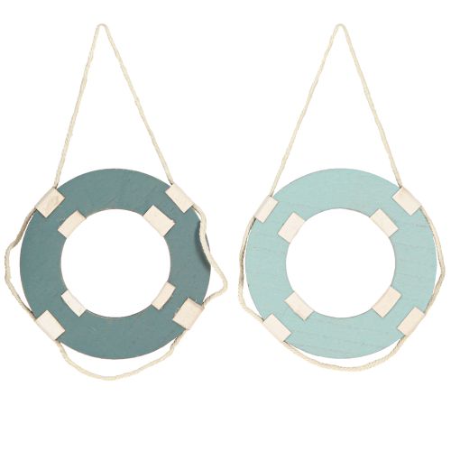 Article Bouée de sauvetage décorative en bois, anneau de natation maritime bleu 17 cm, 2 pièces