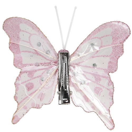 Article Papillons décoratifs en plumes rose pailleté 7,5x7cm 4 pcs
