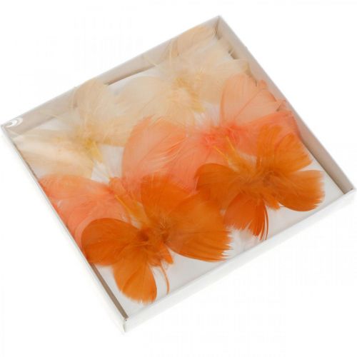 Floristik24 Papillons dans les tons orange, décoration printanière Papillons en plumes sur fil 6pcs