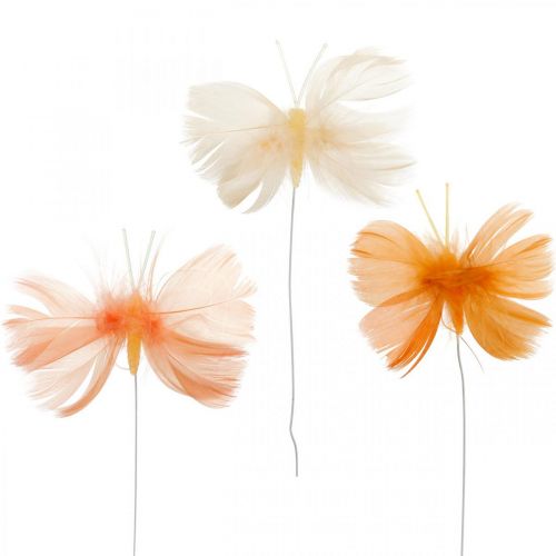 Floristik24 Papillons dans les tons orange, décoration printanière Papillons en plumes sur fil 6pcs