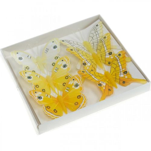 Floristik24 Papillons décoratifs papillon plume jaune sur fil 7,5cm 6pcs