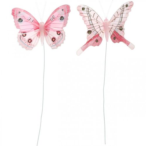 Floristik24 Papillons décoratifs papillon plume rose sur fil 7,5cm 6pcs