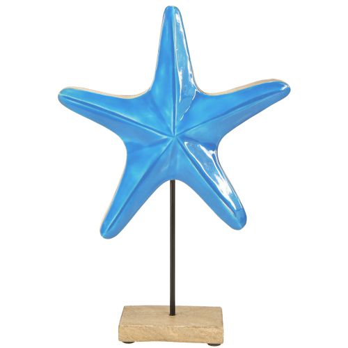 Étoile de mer décorative sur socle bois naturel bleu Ø22cm H32cm