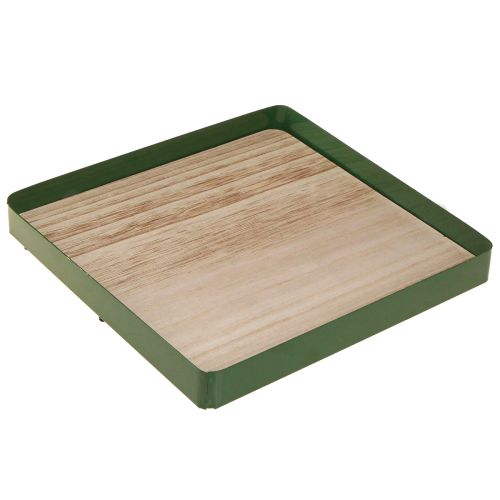 Floristik24 Plateau décoratif carré en métal vert avec base en bois 25,5×25,5cm