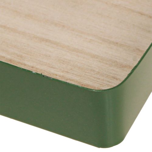 Article Plateau décoratif carré en métal vert avec base en bois 25,5×25,5cm