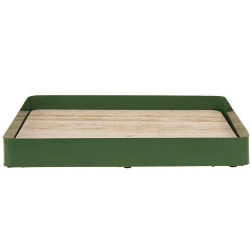 Article Plateau décoratif carré en métal vert avec base en bois 25,5×25,5cm