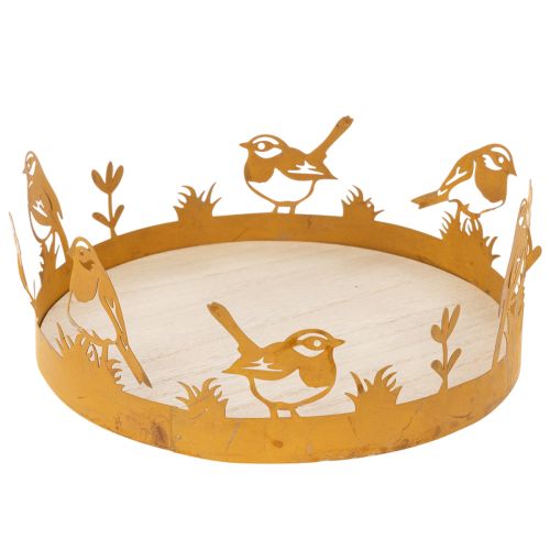 Plateau décoratif, décoration de table avec oiseaux, décoration printanière, métal rouillé, Ø 20 cm H 8,5 cm
