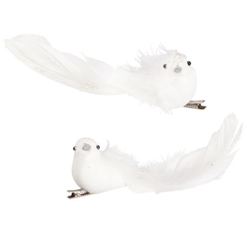 Article Colombes décoratives sur clip paire de colombes avec plumes et paillettes blanches 16cm 2 pcs