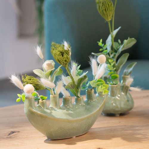 Article Vase décoratif en céramique en forme de bateau, vert clair, 23 x 8,5 x 11 cm