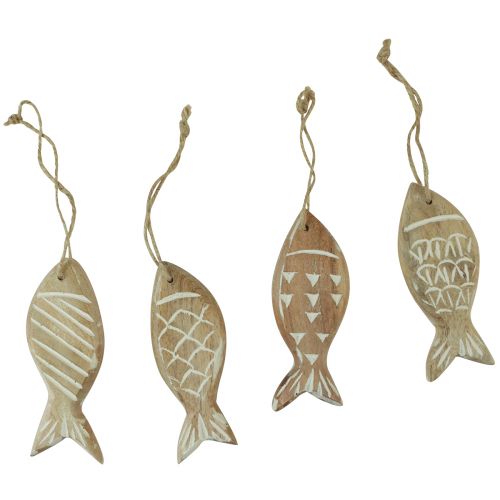 Article Poisson déco à suspendre poisson en bois marron blanc assorti 10cm 4 pièces