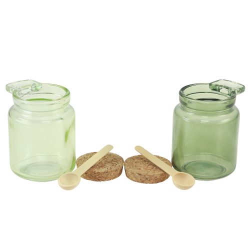 Floristik24 Verre décoratif avec couvercle en liège et cuillère vert Ø7cm H10cm 2pcs