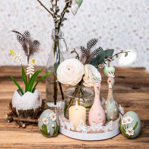 Floristik24 Déco poulet bois rose, vert décoration Pâques figure Ø5cm H15cm 2pcs