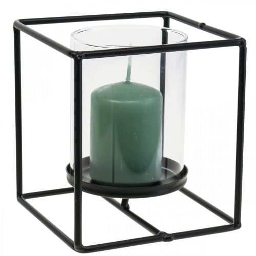 Bougeoir décoratif lanterne métal noir verre 12×12×13cm
