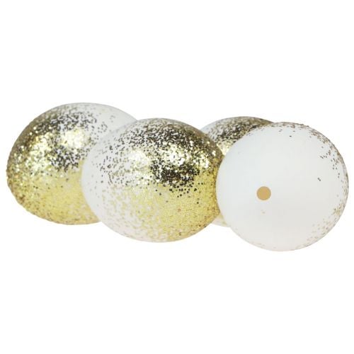 Article Oeufs de Pâques décoratifs véritable œuf d&#39;oie blanc avec paillettes dorées H7,5–8,5 cm 10pcs