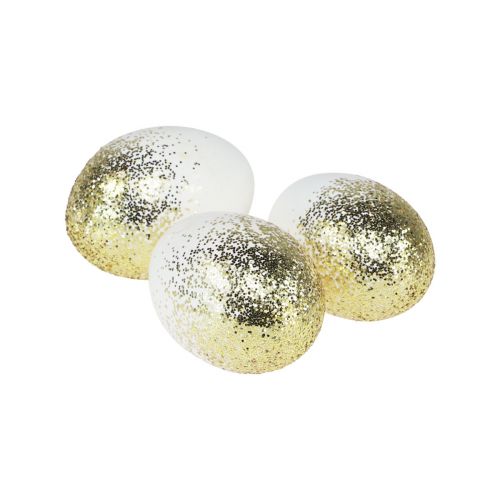 Oeufs de Pâques décoratifs véritable œuf de poule blanc avec paillettes dorées H5,5–6 cm 10pcs