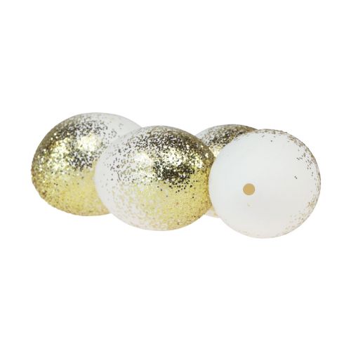 Article Oeufs de Pâques décoratifs véritable œuf de poule blanc avec paillettes dorées H5,5–6 cm 10pcs
