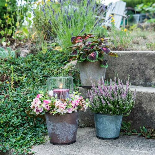Floristik24 Cache-pot décoratif à feuilles zinc gris métallisé, orange, marron Ø17cm H14,5cm 3pcs