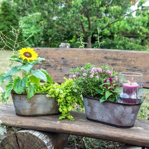 Article Cache-pot décoratif avec feuilles ovale zinc gris métallisé, orange, marron 38 × 20cm H15cm 3pcs