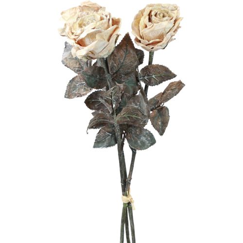 Article Roses décoratives Roses artificielles blanc crème fleurs en soie aspect antique L65cm paquet de 3