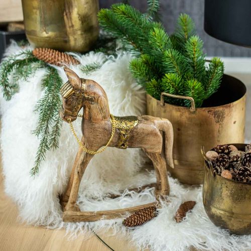 Article Cheval à bascule déco bois massif Noël nature, doré 28 × 39 × 9,5cm