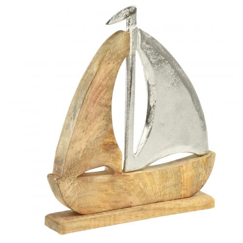 Bateau décoratif bois métal argent bois de manguier 16,5x4x18,5cm