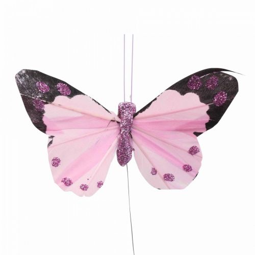 Papillon déco sur fil de plume papillons violet/rose 9.5cm  12pcs-07839
