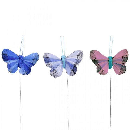 Floristik24 Papillons décoratifs plume papillon rose, bleu 6cm 24 pcs