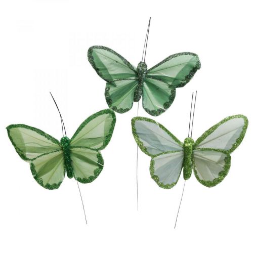 Article Papillons décoratifs papillons plumes vertes sur fil 10cm 12 pcs