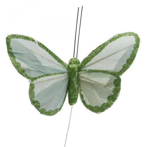 Article Papillons déco papillons plumes vertes sur fil 10cm 12pcs