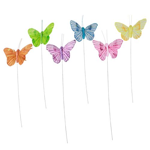 Floristik24 Papillons décoratifs sur fil plumes colorées 5,5×8cm 12pcs