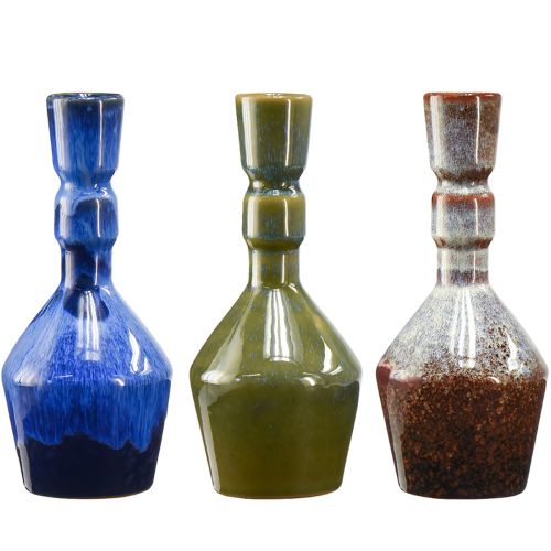 Vase décoratif céramique bleu vert marron Ø8cm H18,5cm 3pcs