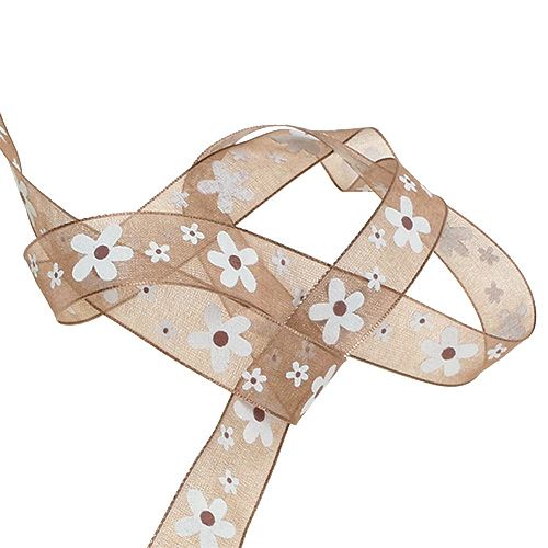 Floristik24 Ruban déco marron clair avec motif fleur 15mm 20m