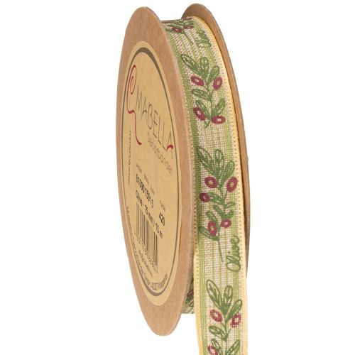Ruban cadeau branche d'olivier avec branches et olives élégantes, 1,5 cm, 15 m