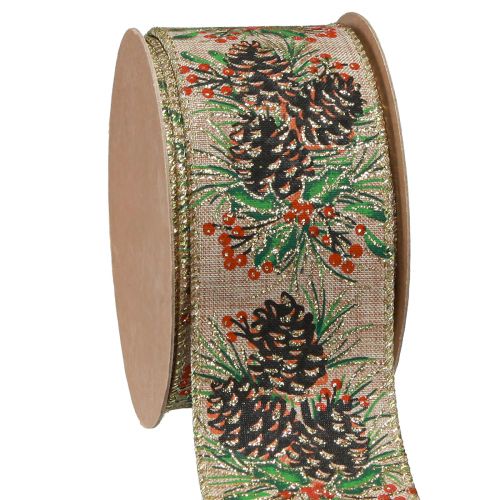 Floristik24 Ruban décoratif Cônes de Noël large ruban cadeau naturel 60mm 10m