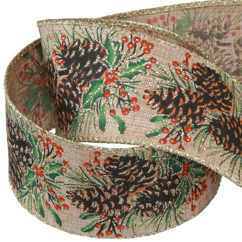 Floristik24 Ruban décoratif Cônes de Noël large ruban cadeau naturel 60mm 10m