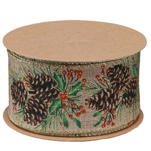 Floristik24 Ruban décoratif Cônes de Noël large ruban cadeau naturel 60mm 10m