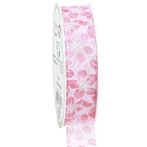 Ruban décoratif avec fleurs ruban cadeau printemps rose 25mm 20m