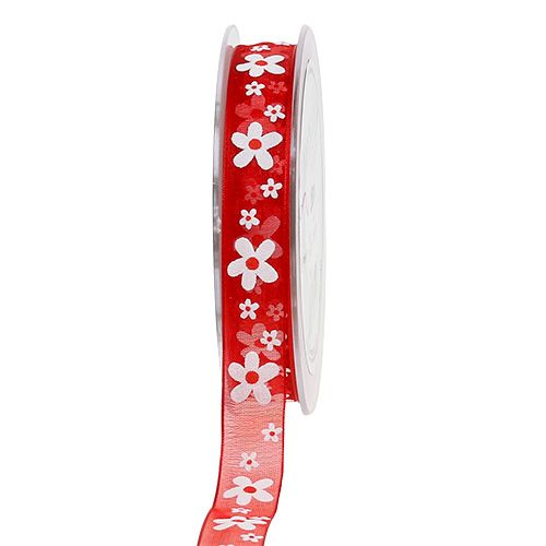 Floristik24 Ruban déco rouge avec fleurs 15mm 20m