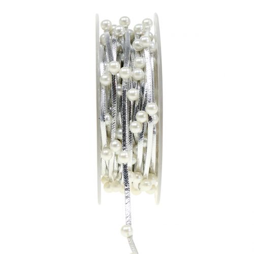 Floristik24 Ruban décoratif argent avec perles 10mm 8m