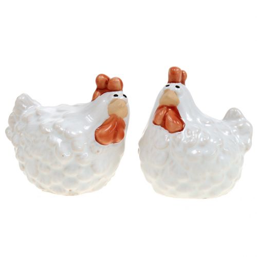 Floristik24 Poulet décoratif blanc, figurine en céramique, décoration de Pâques 2pcs