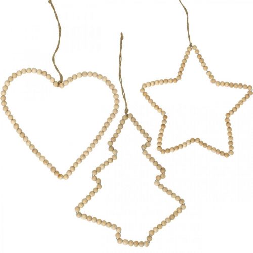 Suspension déco Noël perles en bois coeur arbre étoile H20cm 3pcs