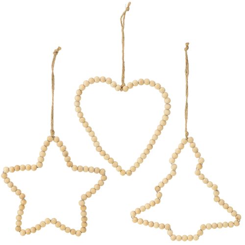 Article Perles décoratives de Noël en bois coeur étoile arbre H16cm 3 pcs